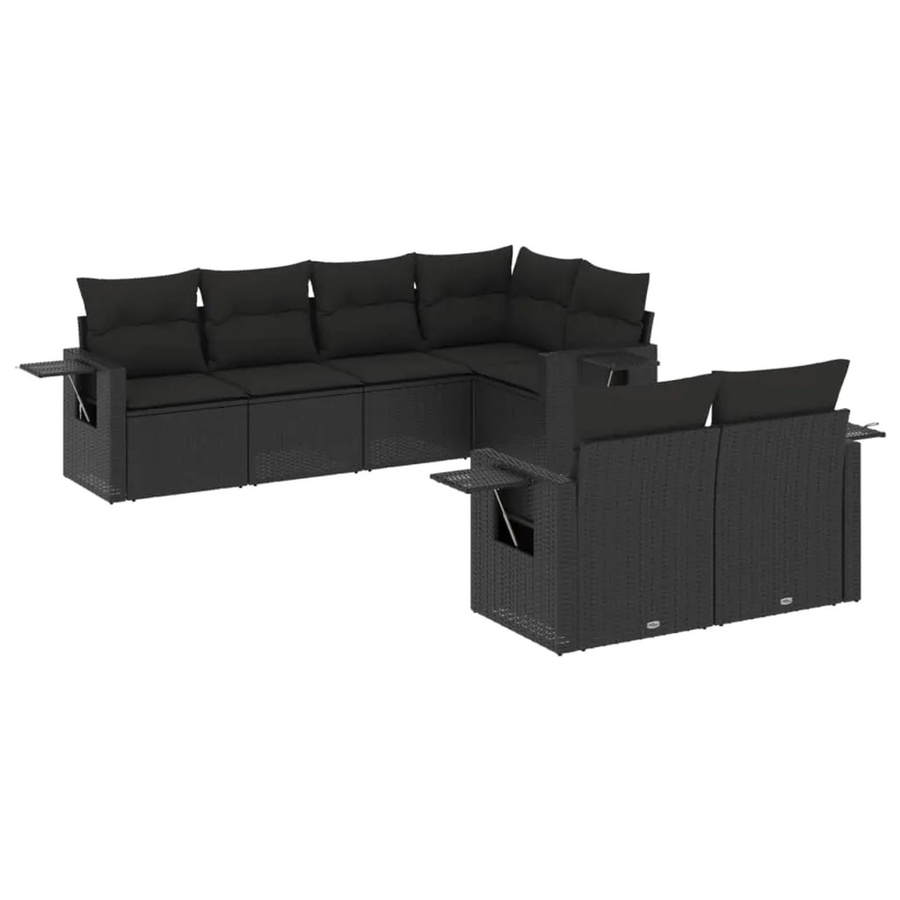 vidaXL 7-tlg. Garten-Sofagarnitur in L-Form aus Poly-Rattan mit Kissen, Schwarz - Bild 2