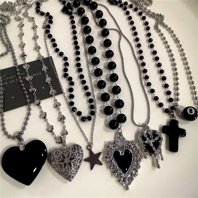 imixlot Halskette, Schwarz, Pfirsich Herz Stern Anhänger, Silber, Unisex - Bild 1