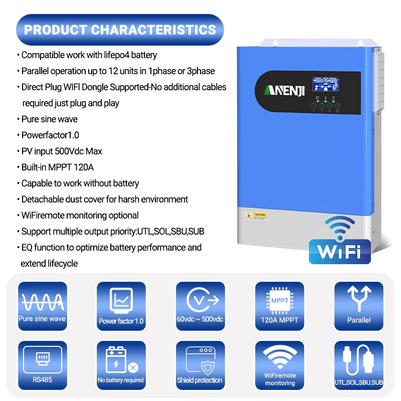 ANENJI Parallel-Hybrid-Solar-Wechselrichter 6,2 kW, 48 V reiner Sinus Off-Grid Wechselrichter mit 120 A MPPT-Laderegler, 230 V, Blau - Bild 4