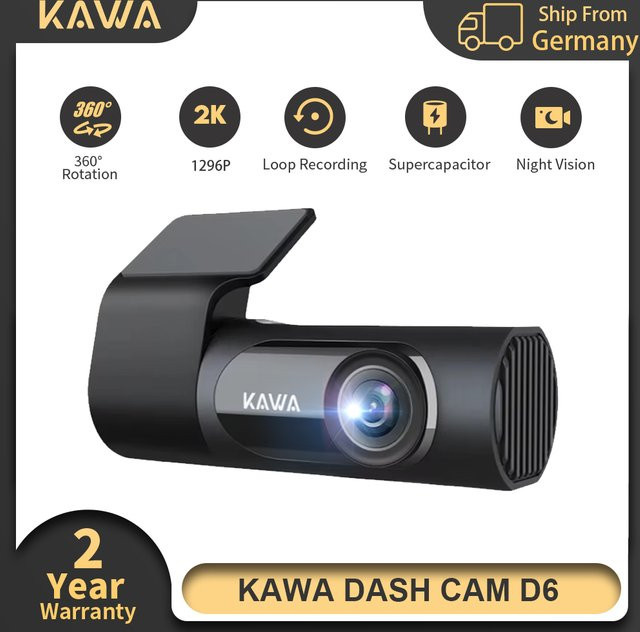 KAWA Dashcam D6 2K QHD Auto-DVR mit Sprachsteuerung, 360 Grad Drehung, Nachtsicht und 24-Stunden-Parküberwachung, Schwarz - Bild 1
