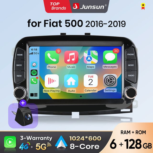Junsun 7 Zoll Kabelloses CarPlay und Android Auto Autoradio für Fiat 500, Multimedia Stereo-Videoplayer mit IPS Touchscreen in Schwarz - Bild 1