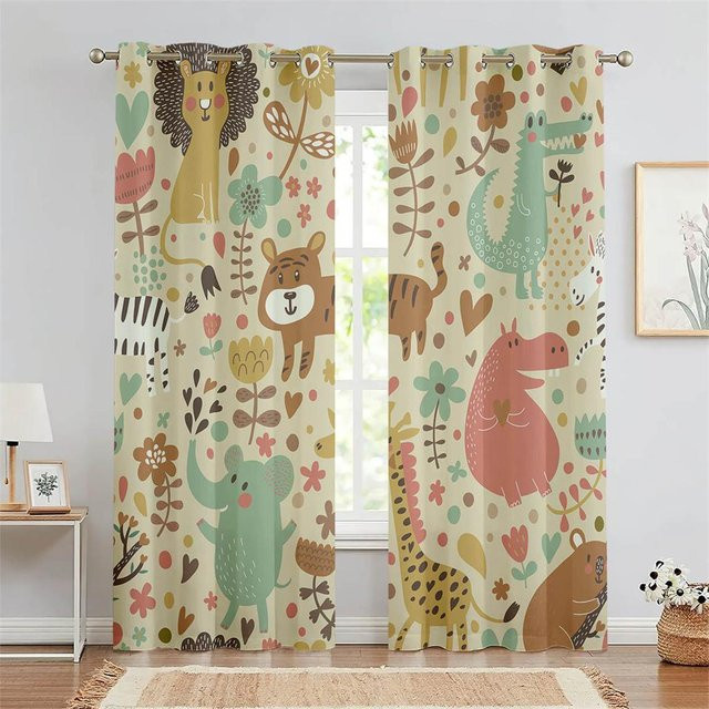 Safari Dschungeltiere Kinder Vorhänge mit Zoo-Print, 2er-Set, halbtransparent, Mehrfarbig, B: 75 cm, H: 166 cm - Bild 1