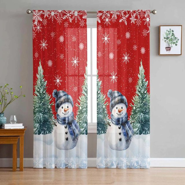 Transparente Weihnachtsvorhänge mit Schneemann-Motiv in Rot, Tüll Voile Vorhang für Wohnzimmer und Küche, Breite: 135 cm, Höhe: 115 cm - Bild 1