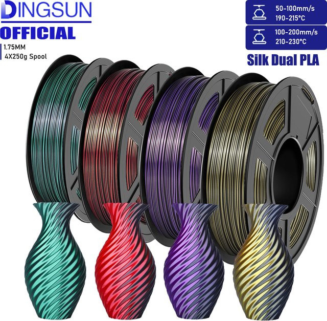 DINGSUN Seiden-PLA-Filament 1,75 mm zweifarbig Multicolor Schwarz Grün, 4 x 250 g - Bild 1