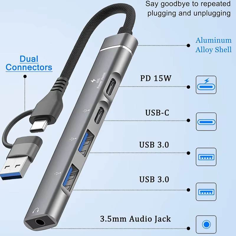 DIXSG USB-C auf 3,5 mm Audio-Adapter und OTG-USB-Hub Dockingstation in Grau - Bild 4