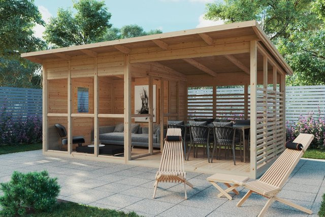 Gartenhaus Elias aus Holz mit Veranda und Pultdach, B/T: 6 x 3 m, Wandstärke 21 mm - Bild 1