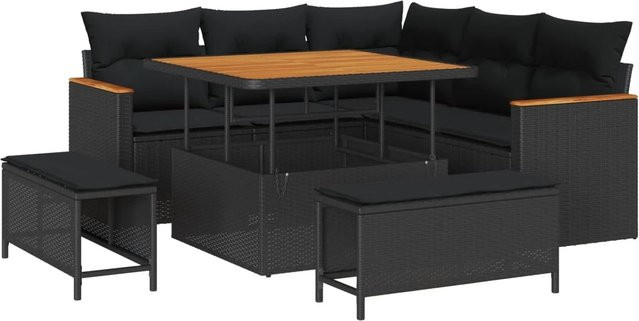 vidaXL Gartensofa-Set aus Poly Rattan in Schwarz mit 8 Kissen, L-Form Lounge-Garnitur mit Eckelement, Ottoman und Couchtisch für Garten und Terrasse - Bild 1