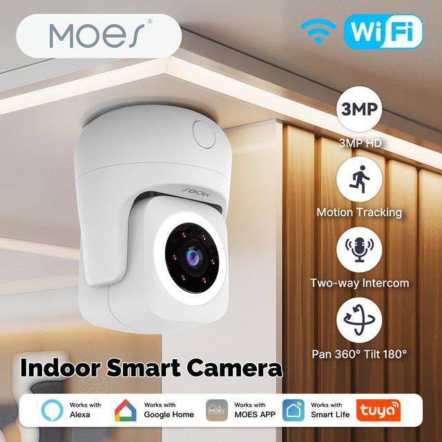 MOES Tuya Smart Home Sicherheitskamera für den Innenbereich, 3 MP, WiFi, Weiß, kompatibel mit Alexa und Google Assistant - Bild 1