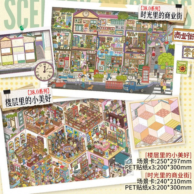 JIAMEI Kawaii 3D Cartoon Welt und Retro Kommerzielle Straße Miniatur-Szenen-Aufkleber DIY Landschafts-Sticker, Multicolour - Bild 1