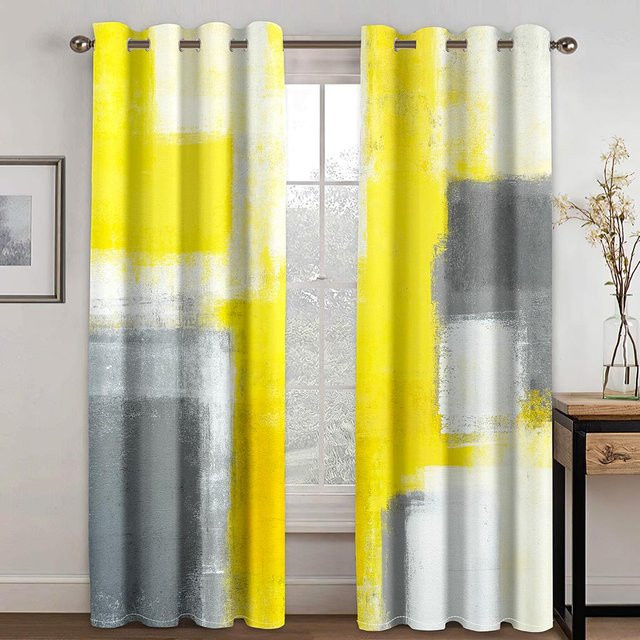Yiran Furniture Set aus 2 semi-transparenten Verdunklungsvorhängen mit abstraktem klassischem Design in Lila und Gelb inklusive Haken, Höhe: 166 cm, Breite: 150 cm - Bild 1