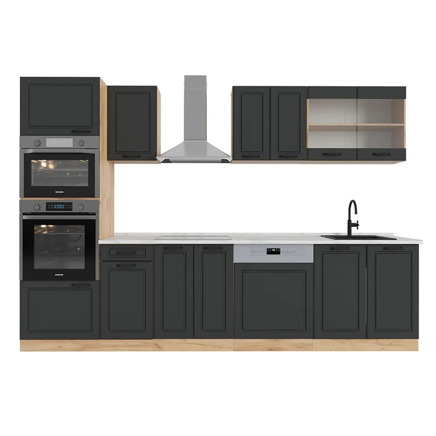 Vicco R-Line Küchenzeile Landhausstil in Anthrazit und Eiche mit Hochschrank und Marmor-Arbeitsplatte, Breite: 300 cm - Bild 2