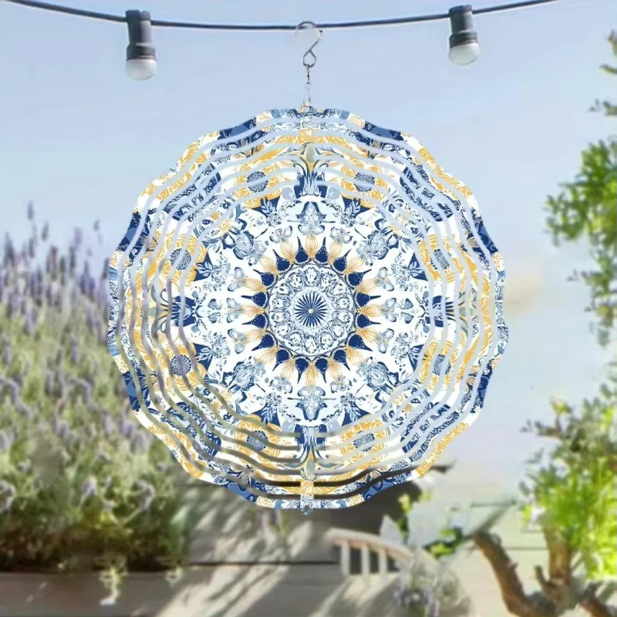 HELLOYOUNG Mandala-Windspiel aus Metall in Blau und Gold mit Blumenmuster als hängende Außendekoration - Bild 2