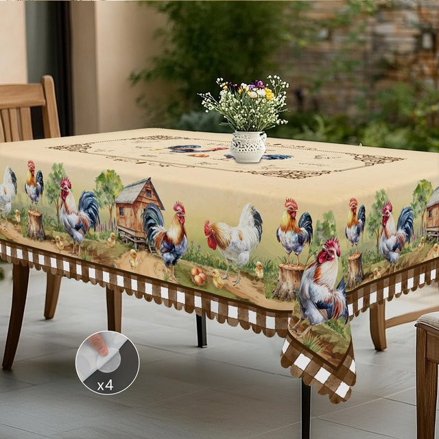 JINGYUE Pet Weihnachts-Tischdecke im Vintage-Bauernhaus-Stil mit Weihnachtsmann, Rentier und Weihnachtsbaum, Beige, Durchmesser: 152 cm - Bild 1