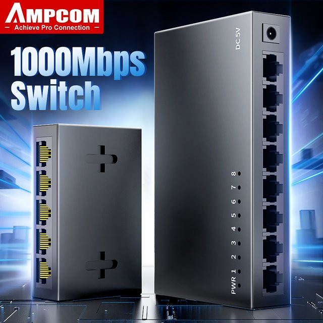 AMPCOM Gigabit Netzwerk-Switch mit 8 Ports, 1000Mbps Ethernet Smart-Switcher, RJ45 Hub in Schwarz - Bild 1