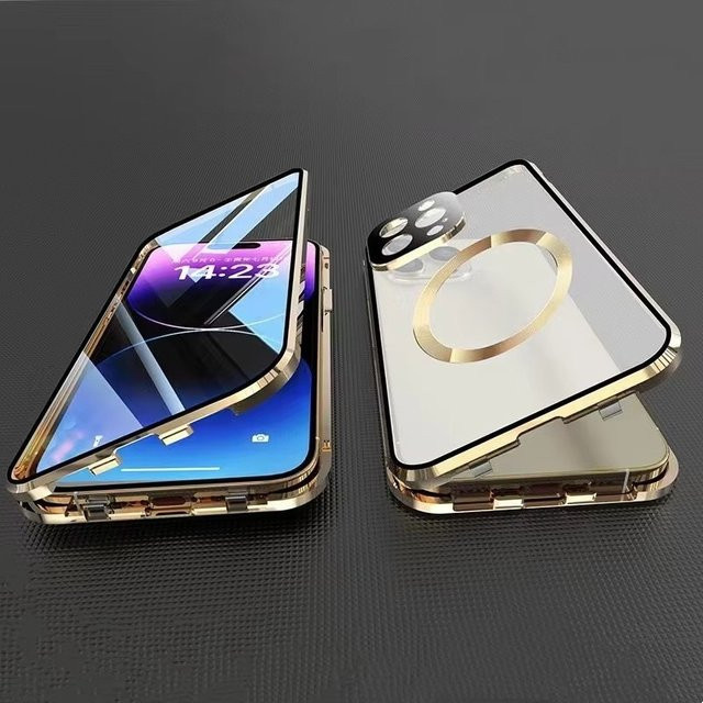 VYOPBC Metall-Magnetgehäuse für MagSafe iPhone 17 16 15 14 13 12 Pro Max Plus mit Linsenschutz, doppelseitigem Glas und Schnappverschluss in Gold - Bild 1