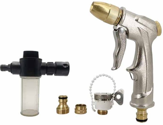 Hochdruck-Metall-Gartenwasserpistolen-Set in Silber mit 100 ml Schaumbehälter für Autowäsche, Gartenreinigung und Bewässerung - Bild 1