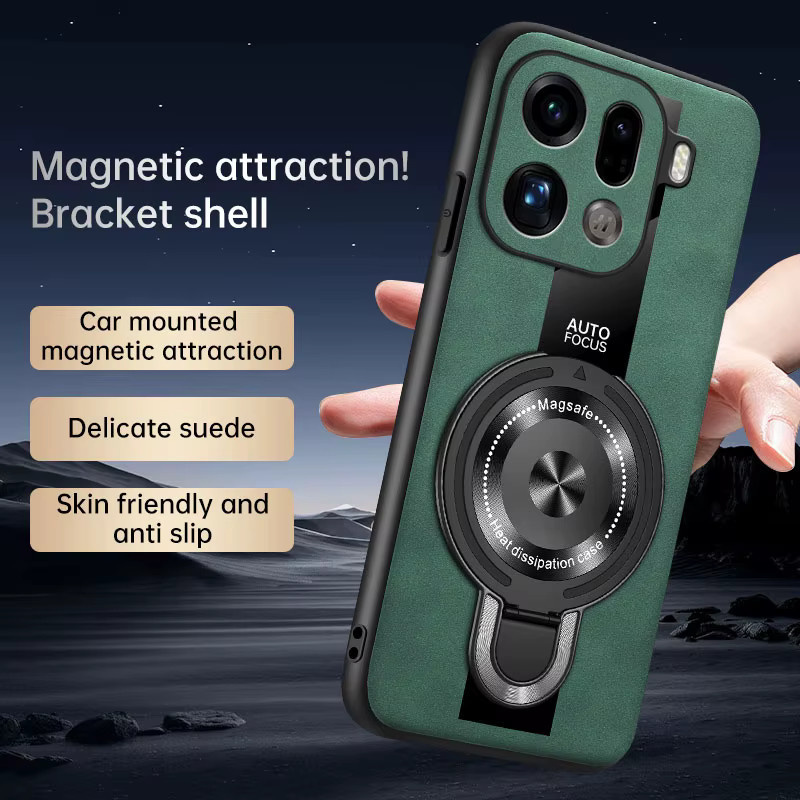 Schaffell Lederhülle mit magnetischem Ring-Ständer und kabellosem Laden für OPPO Find X9 und OPPO Find X9 Pro, Farbe: Grün - Bild 2
