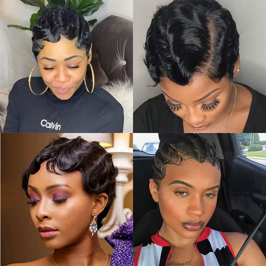 OYM HAIR Perücke, kurze Fingerwellen-Echthaar-Perücke, Pixie-Schnitt, Damen - Bild 4