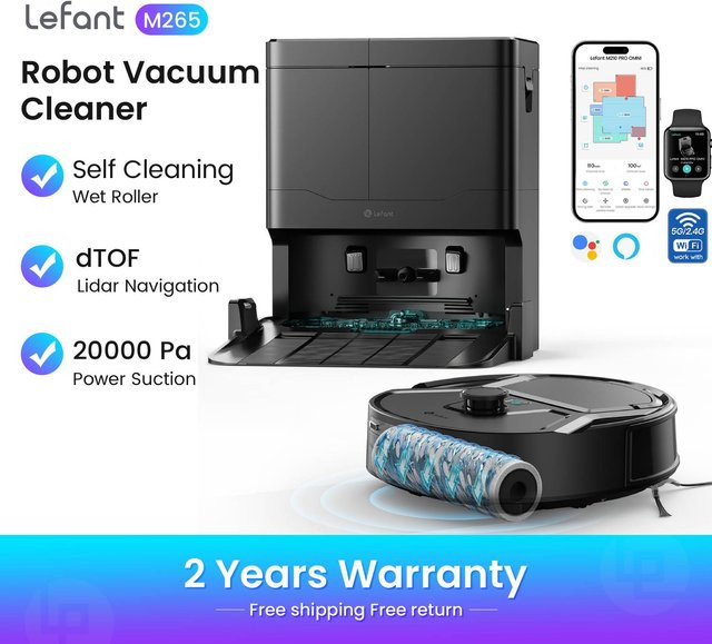 Lefant M265 Saugroboter mit Laser dToF Kartierungsfunktion, 20000Pa Saugkraft, selbstreinigende Anti-Verhedderung Rollenbürste und Hindernisvermeidung, WiFi 2.4G/5G, App-Steuerung und Smart Home Integration - Bild 1