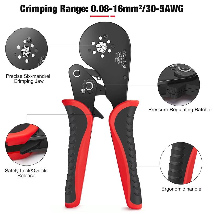 CLAMPLUS Crimpzange HSC8 16–6 für Aderendhülsen und Mini-Rohrklemmen, 0,08–16 mm2/30–5 AWG - Bild 3