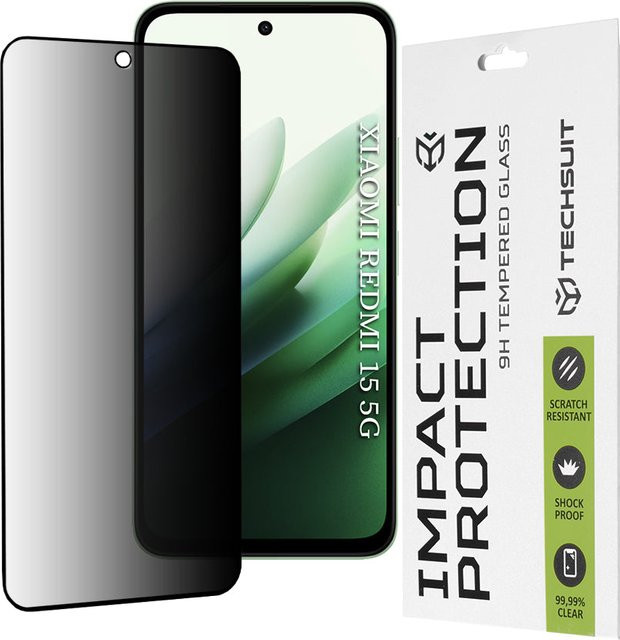 Privacy Techsuit Displayschutzfolie aus gehärtetem Glas für Xiaomi Redmi 15 5G und Redmi 15 4G mit Full Glue Technologie - Bild 1