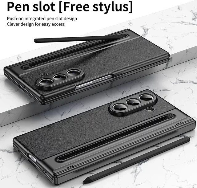 Samsung Galaxy Z Fold Lederhülle mit S Pen Halterung, Scharnierschutz und Displayschutz in Schwarz oder Weiß - Bild 1