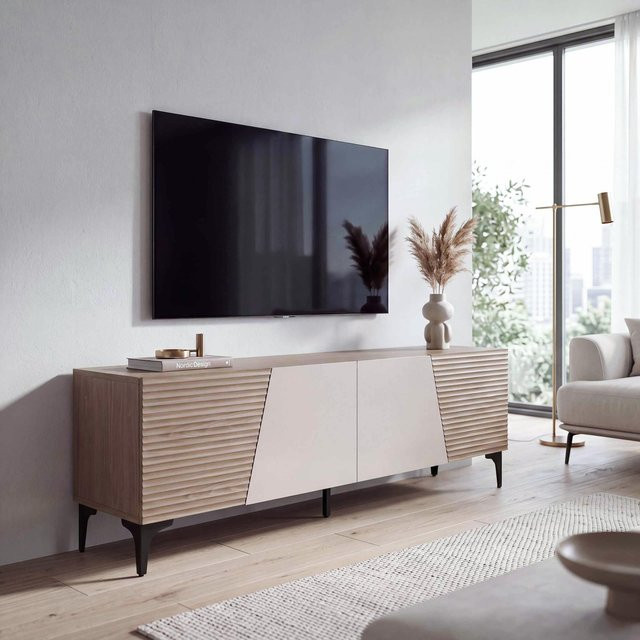 MCW TV-Rack MCW-Q83 Lowboard in Nussbaum-Optik hell mit 3D-Struktur und Staufächern, B/T/H: 160 x 42 x 55 cm - Bild 1