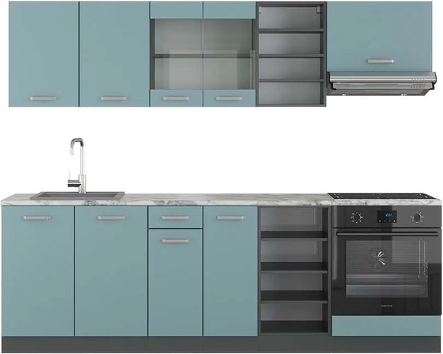 Vicco R-Line Küchenzeile Blau-Grau/Anthrazit mit Marmor-Optik, Breite: 240 cm - Bild 1