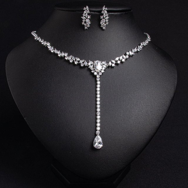 YIRAN Schmuck-Set Halskette, Ohrring, Kupfer, Silber, Zirkonia, Kristall, Damen - Bild 1