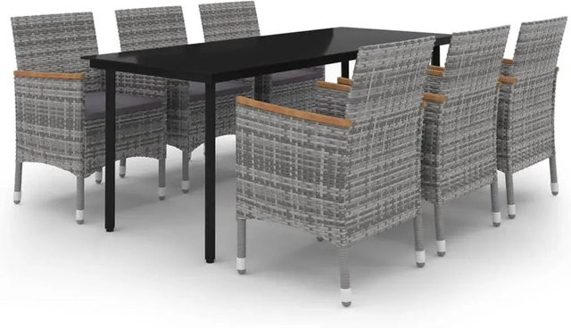 vidaXL 7-teilige Garten-Essgruppe aus Poly Rattan und Glas in Grau mit Kissen und Akazienholz-Elementen - Bild 1