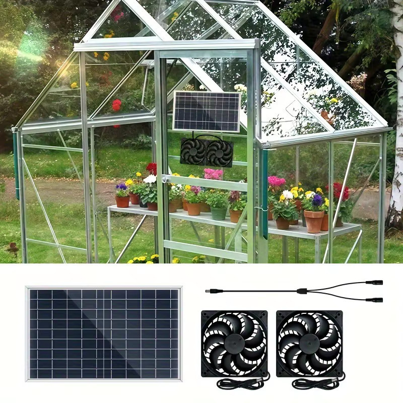 SNQP Solarbetriebener Doppellüfter in Schwarz aus Kunststoff für Camping, Gewächshaus und Wohnmobile - Bild 2