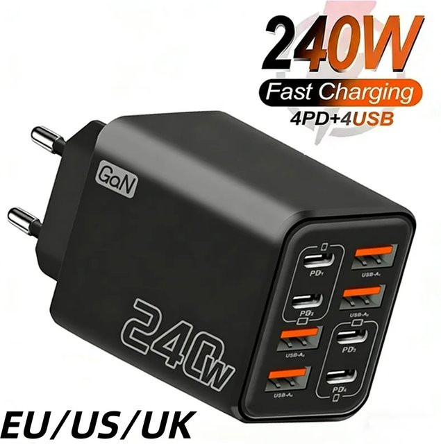 8-in-1 GaN Desktop USB-Ladegerät 240W mit 4 PD und 4 USB Anschlüssen in Schwarz für iPhone, Samsung und Xiaomi Schnelllade-Netzadapter - Bild 1