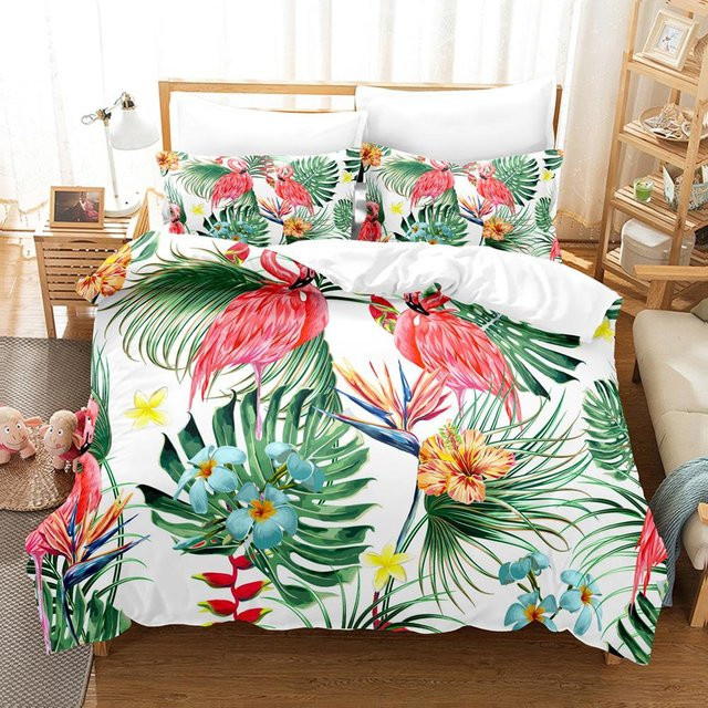 Binchi Fitness Bettwäsche-Set Flamingo mit tropischen Palmblättern, Rot/Mehrfarbig, Polyester, B/H: 200 x 200 cm - Bild 1