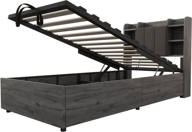 Merax Holzbett mit Stauraum und USB-Ladeport, Grau, B/T/H: 90 x 200 x 100 cm (ca.) - Bild 1