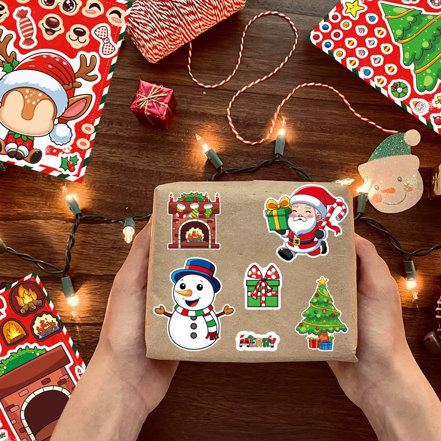 8 Blatt Niedliche Cartoon-Weihnachts-Puzzle-Aufkleber zum Basteln und Gesichter-Machen als Lernspielzeug in Mehrfarbig - Bild 3