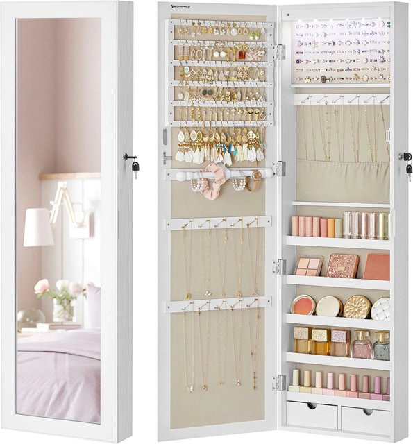 Songmics Schmuckschrank Berit mit Spiegel und LED-Beleuchtung zur Wandmontage in Weiß - Bild 1