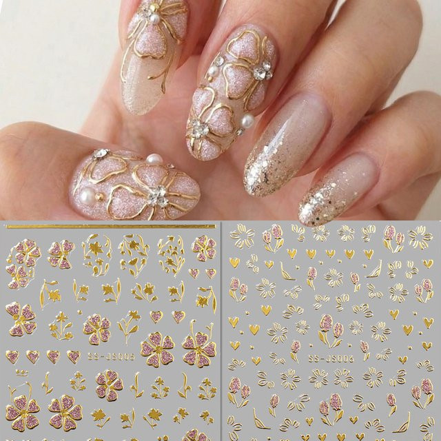 QIANJIKU Nagelkunst-Aufkleber, Rosa Gold, Schimmernd, Blumen- & Blätter-Design - Bild 1