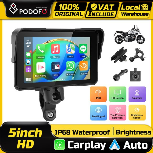 Podofo 5 Zoll Motorrad-Dashcam-Monitor mit Carplay und Android Auto, IP68 wasserdichter Bluetooth Smart Screen DVR Videorekorder in Schwarz - Bild 1