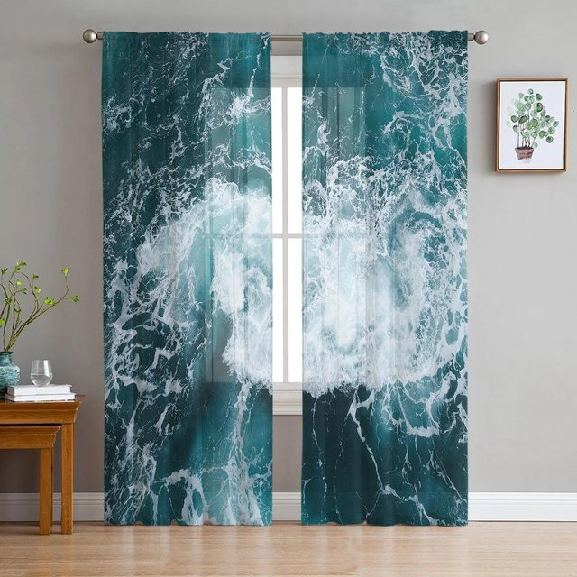 Aquamarine Waters Sea Tüllvorhang von A Family Of Home Textiles, transparentes blaues Design für Wohnzimmer und Schlafzimmer, Breite: 135 cm, Höhe: 183 cm - Bild 1
