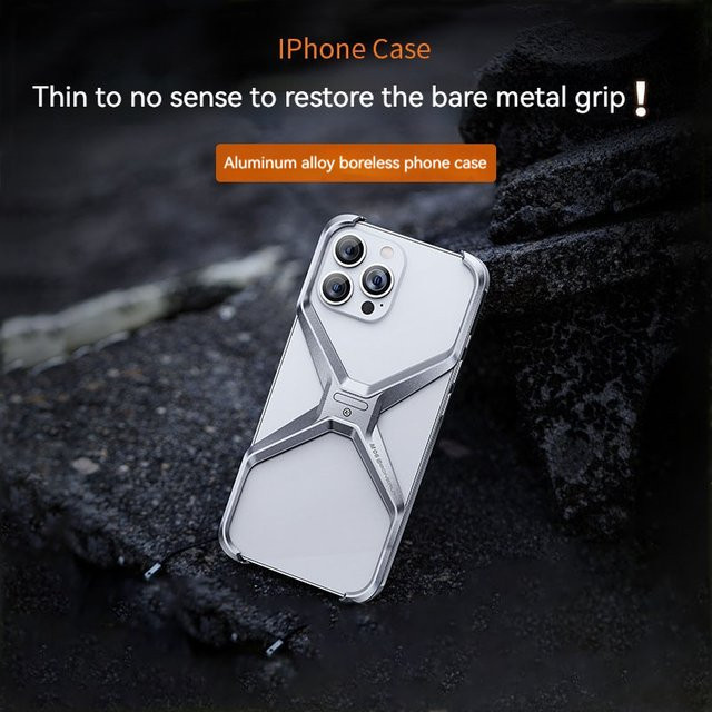 Dolob Stoßfeste Handyhülle aus Aluminiumlegierung für iPhone 14 15 16 Pro Max, Randlose X-Typ Rüstung mit Metall-Wärmeableitung, Farbe: Silber - Bild 1