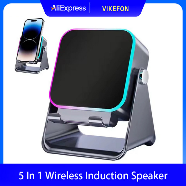 VIKEFON 5-in-1 Bluetooth Lautsprecher mit kabelloser Induktion, RGB-Beleuchtung und Telefonhalter, Schwarz/Mehrfarbig - Bild 1