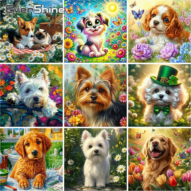 EverShine Tier-Diamant-Stickerei, Hund, DIY-Mosaik-Bastelset, floral - Bild 1