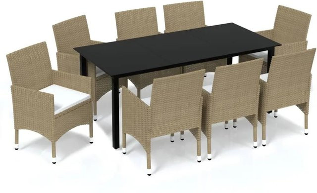 vidaXL 9-tlg Garten-Essgruppe aus Poly Rattan mit Glasplatte und Kissen in Beige und Schwarz - Bild 1