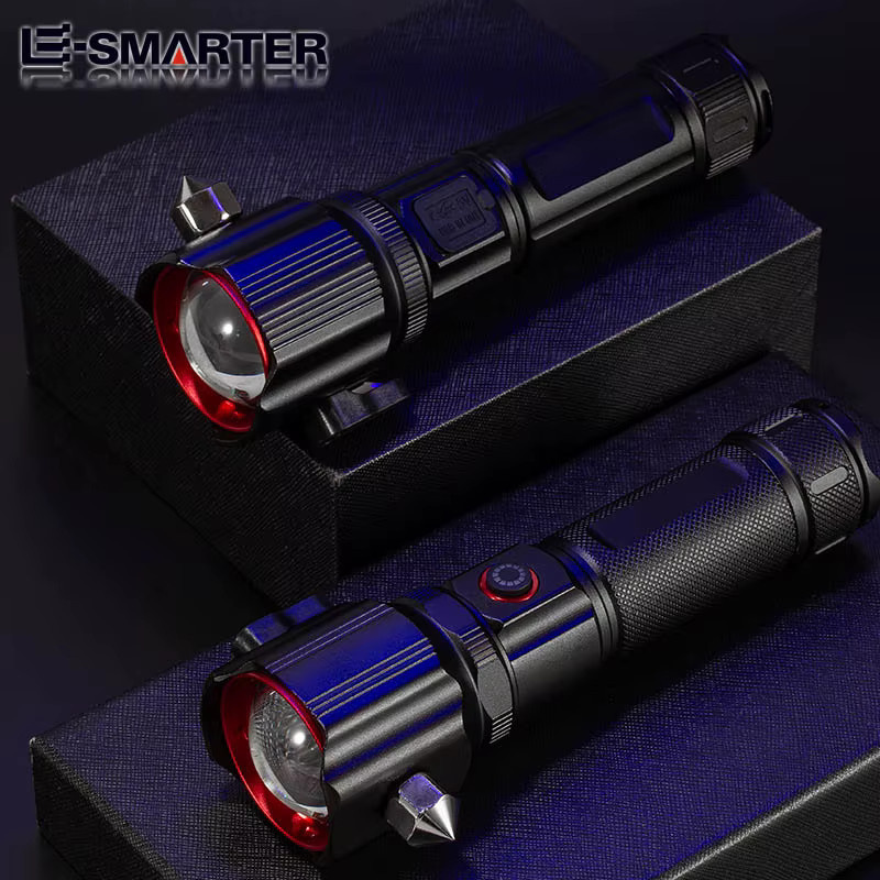 ESMARTER Laser-Taschenlampe in Schwarz mit Zoomfunktion, Fensterhammer und 5 Beleuchtungsmodi, wasserdicht und wiederaufladbar - Bild 3