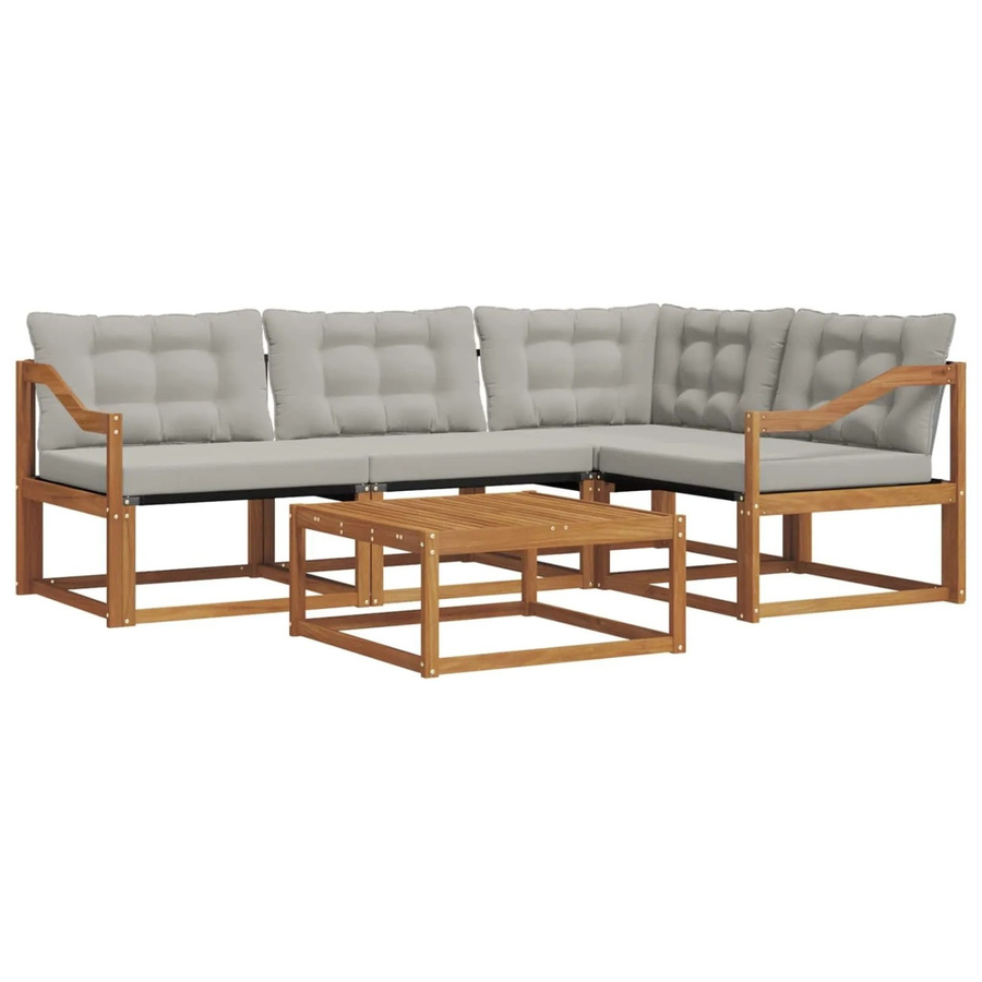 vidaXL Outdoor-Sofagarnitur 5-teilig L-Form aus Akazienholz und Textilene in Natur und Hellgrau mit UV-beständigen Kissen - Bild 2