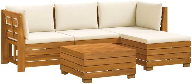 vidaXL Outdoor-Sofagarnitur L-Form aus Akazie Massivholz in Braun mit 5 cremeweißen Kissen - Bild 1
