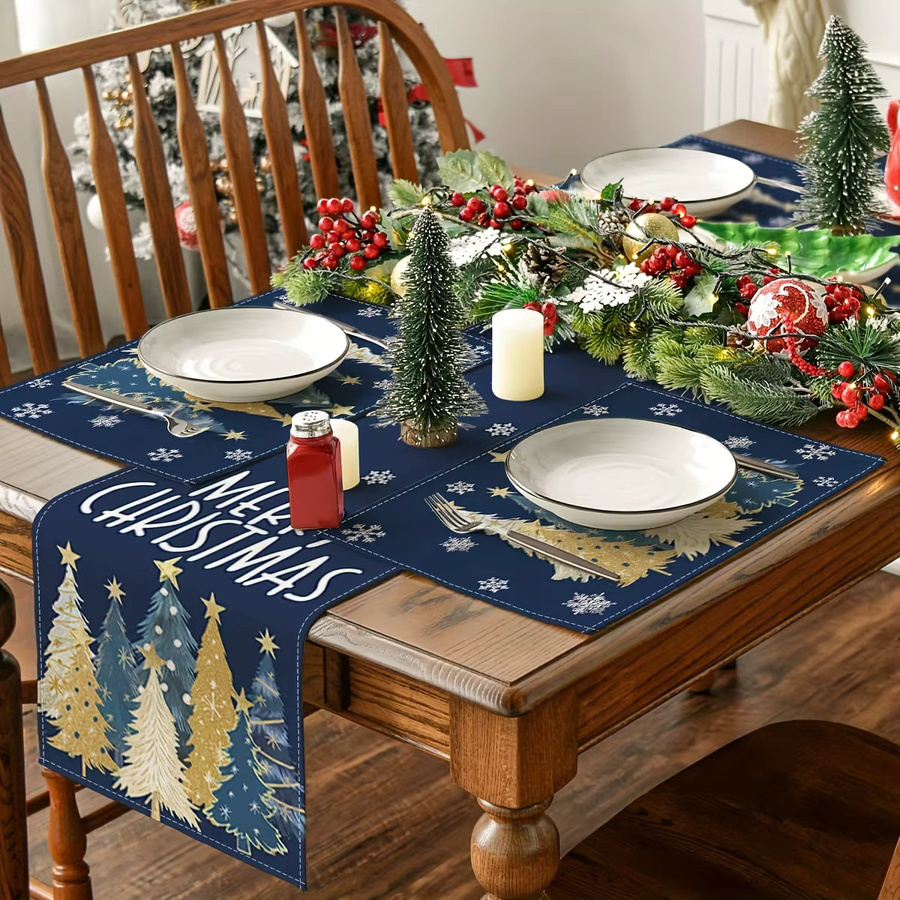 VIKAMA 4-teiliges Weihnachts-Tischset aus Leinen in Tiefblau und Gold für die Wintertischdekoration - Bild 2