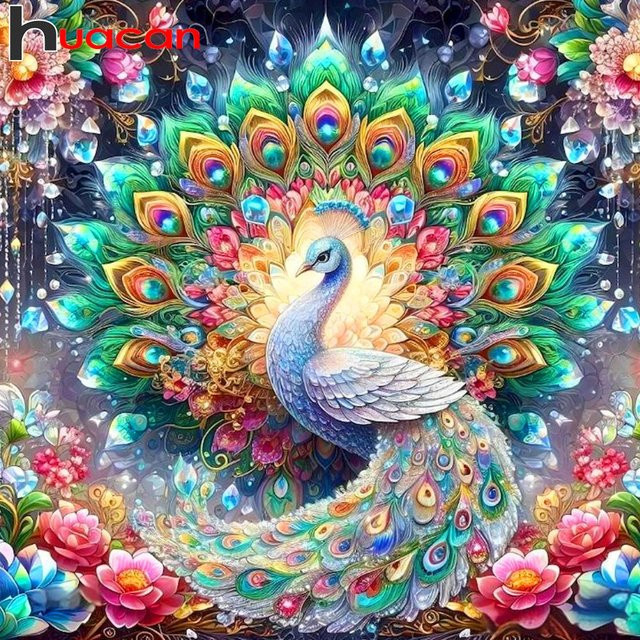 Huacan 5D DIY Diamantmalerei Pfau und Lotus als Diamantmosaik mit bunten Strasssteinen, Farbe: Multicolour, B/H: 20 x 20 cm - Bild 1