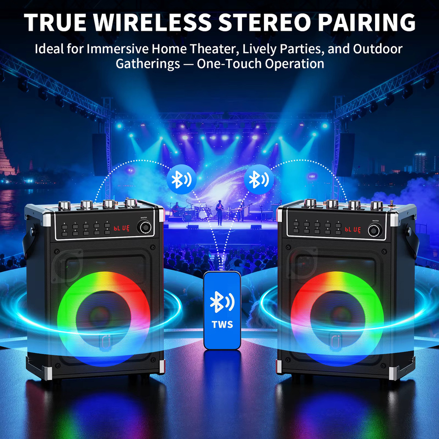 JYX 69 Karaoke-Maschine in Schwarz mit 2 UHF Drahtlosen Mikrofonen, Bluetooth-Lautsprecher mit Bass-, Höhen- und Echo-Einstellung sowie LED-Licht - Bild 4