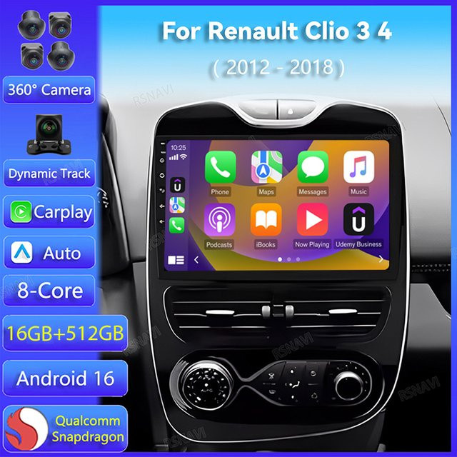 RSNAVI Android 16 Autoradio mit CarPlay, WIFI und 4G für Renault Clio 3 und 4, 2din Multimedia Player mit GPS, Schwarz - Bild 1